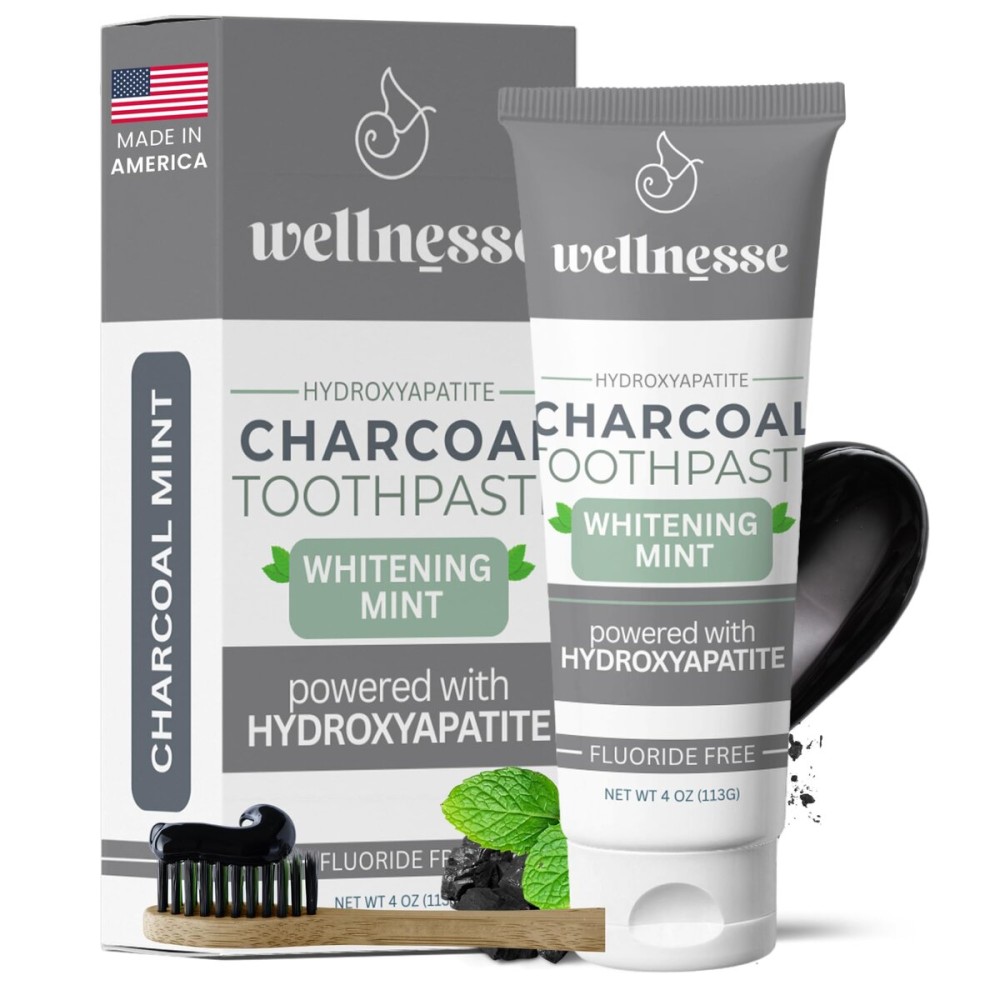 Wellnesse Activated Charcoal Whitening Toothpaste with Xylitol, Fluoride-Free Hydroxyapatite Black Charcoal Toothpaste for Adult Fresh Breath, Natural Teeth Whitening, Mint Flavor, 4 oz (Pack of 1)