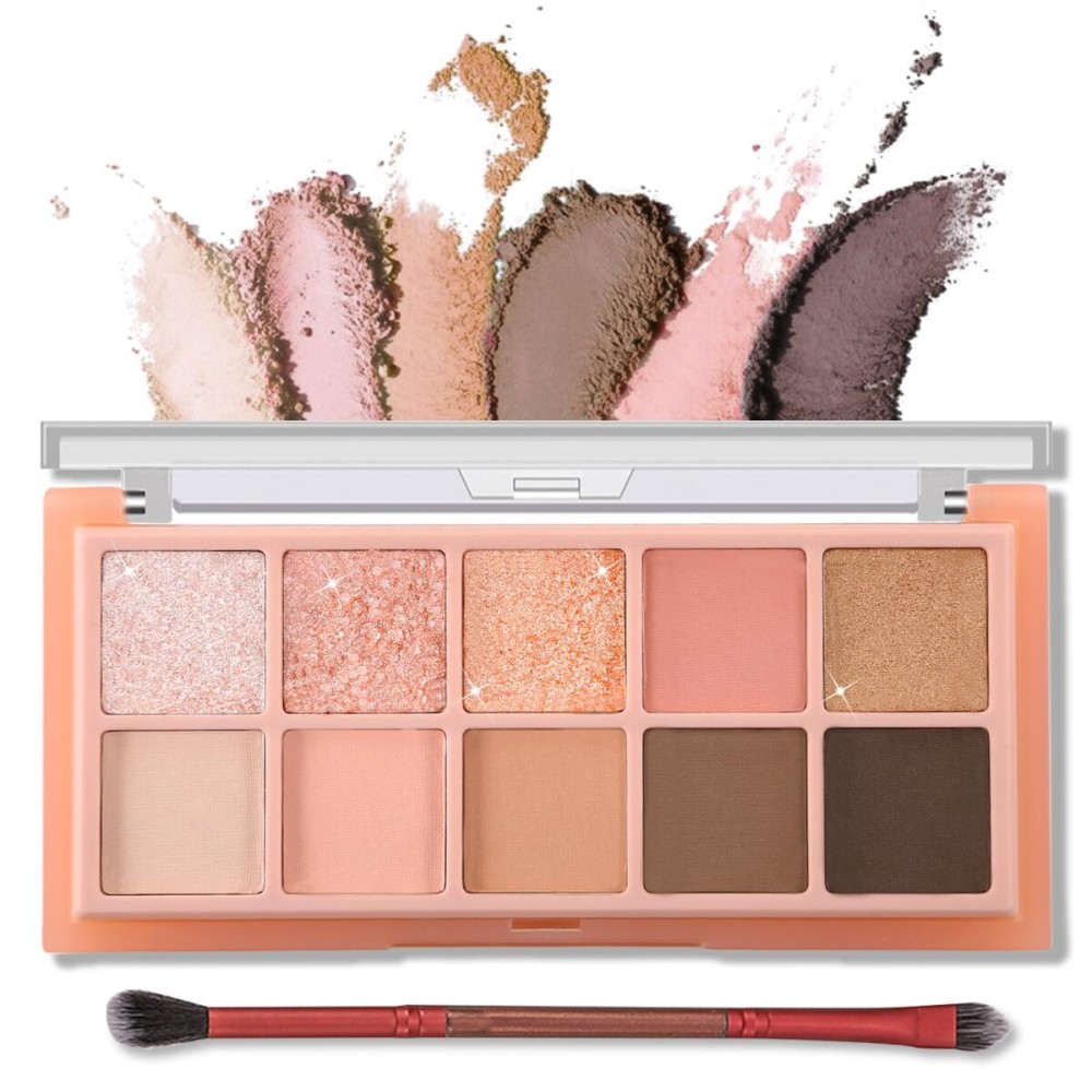 Erinde 10 Colors Eyeshadow Palette Makeup - Matte Shimmer Glitter Eye Shadow Korean Makeup, Ultra-Blendable, High Pigmented, Natural-Looking, Peach Brown Eyeshadow Pallet with Brush, Peach Color
