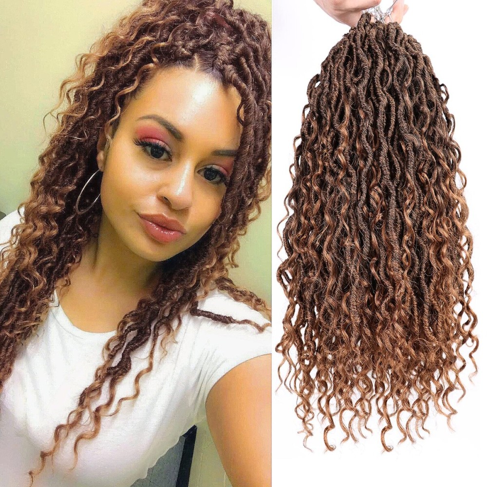 Goddess Locs Crochet Hair 14 Inch 7 Packs Curly Faux Locs Crochet Hair for Black Women Pre Looped Crochet Locs Boho Style Crochet Braids with Curly Ends (Black to Light Auburn)
