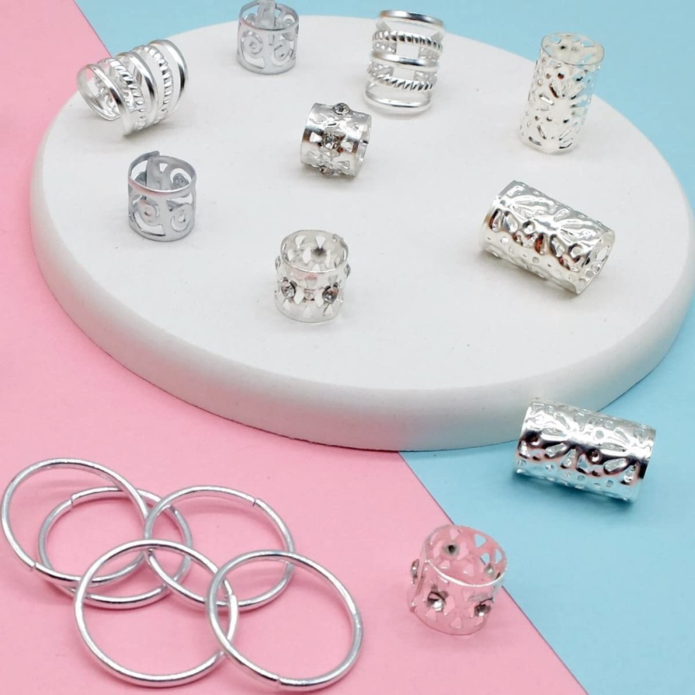 LEILEIXI 100 PCS Silver Hair Jewelry for Braids Locs Jewelry for Hair, Dreadlock Accessories for Women, Adjustable Cuffs Rings Decoration for Women Braids