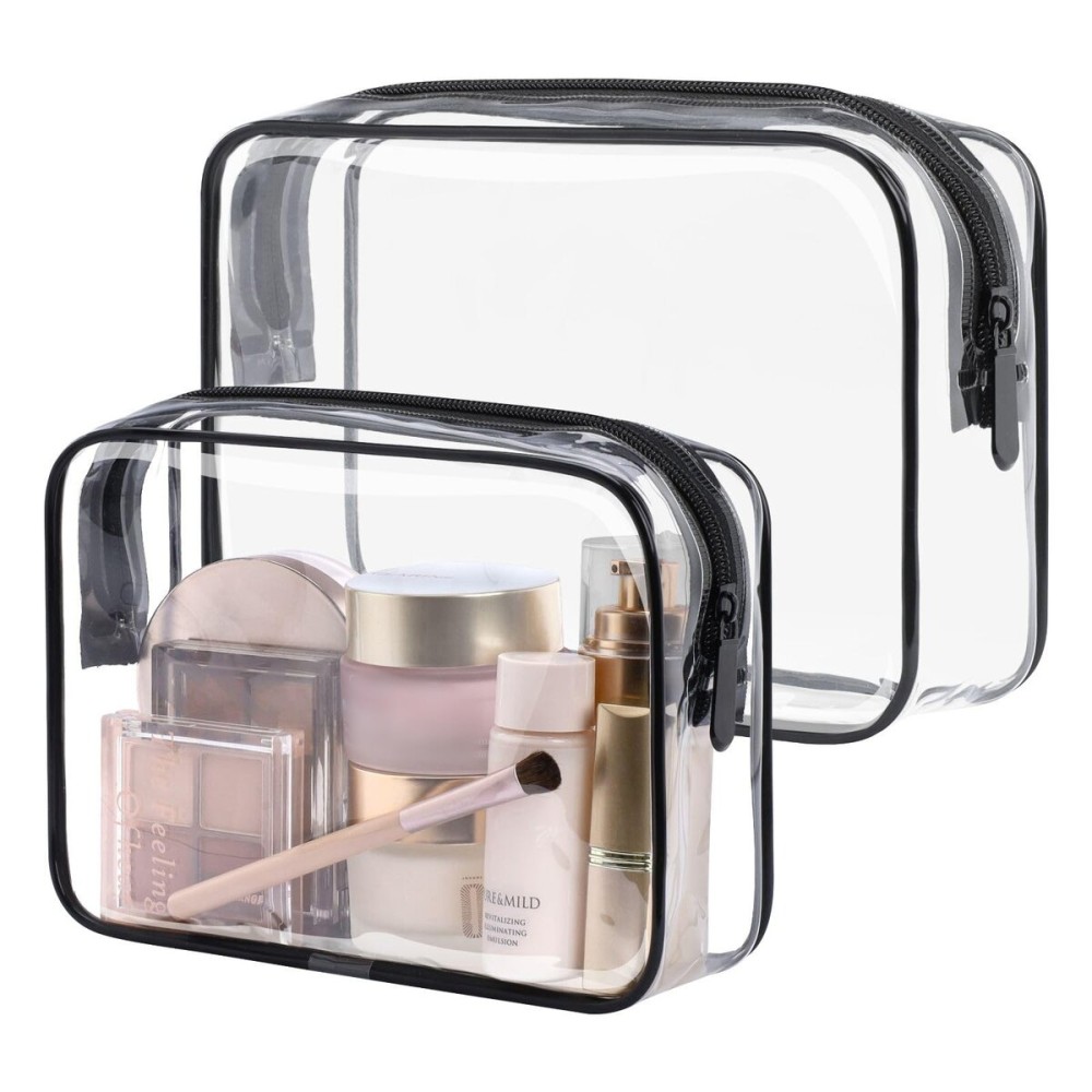 PACKISM TSA Approved Toiletry Bag - 2 Pack Clear Makeup Bag Travel Essentials, Durable with Supporting Frame, 1 Medium TSA Quart Compliant Bag for Carry-on, 1 Large Organizer for Check-in, Black