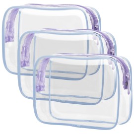 PACKISM Clear Toiletry Bag - 3 Pack Quart Size TSA Approved Toiletry Bag, Travel Makeup Cosmetic Bag for Women Men, Carry on Airport Airline Compliant Bag, Purple