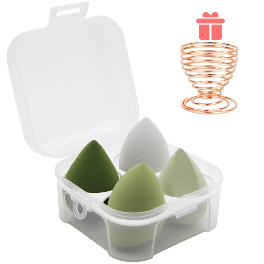 Makeup Sponges Set - Beauty sponges Blending Blenders with 1 Holder and Egg Case, Flawless for Cream, Powder and Liquid (Green, 4Pcs+1Holder+ case)