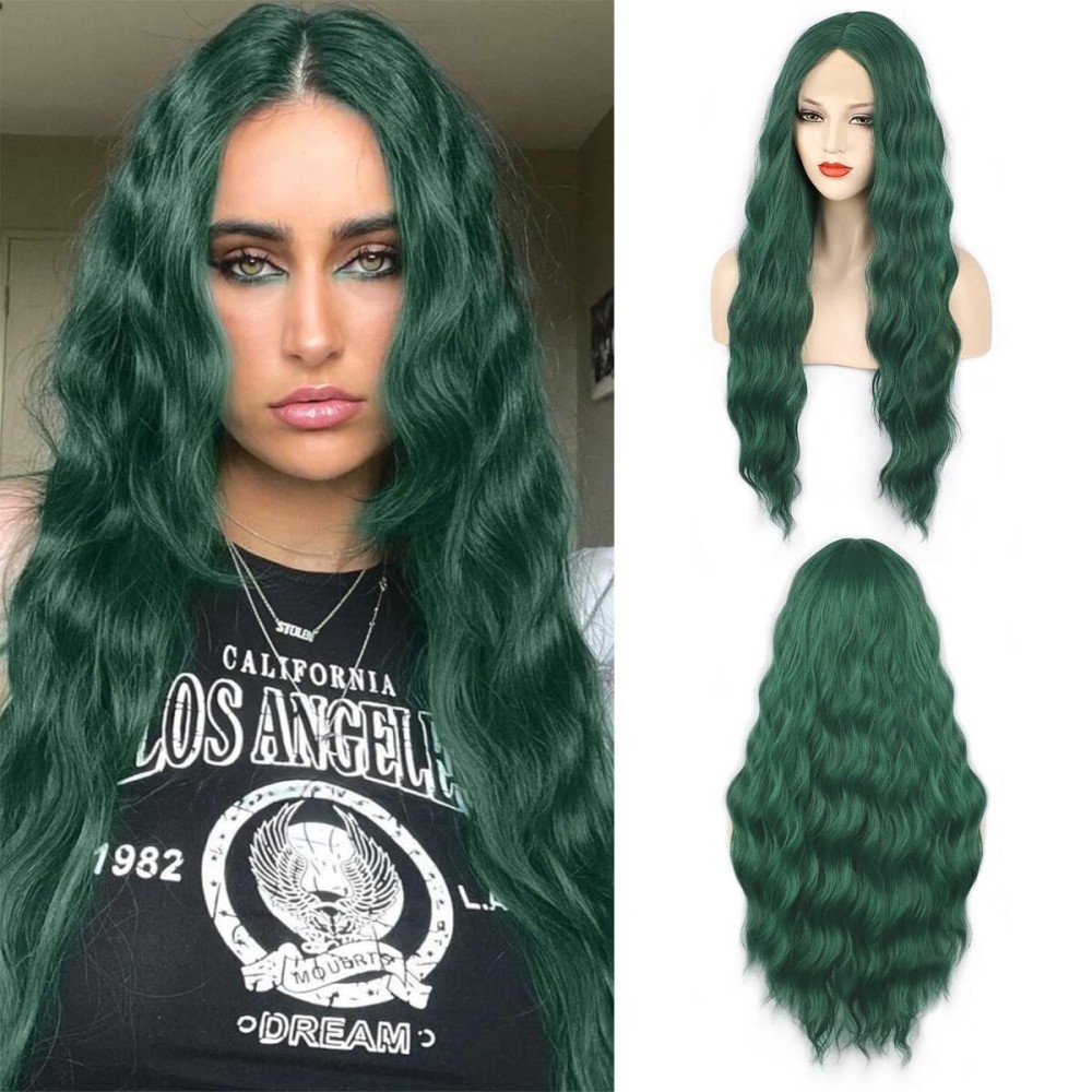 WECAN Green Wigs For Women Long Wavy Synthetic Halloween Wig Cosplay Daily Party Use Heat-Resistant Fiber Wig