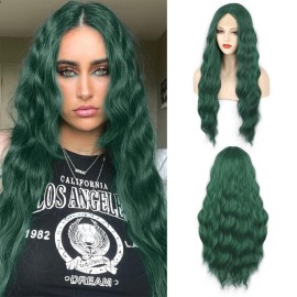 WECAN Green Wigs For Women Long Wavy Synthetic Halloween Wig Cosplay Daily Party Use Heat-Resistant Fiber Wig