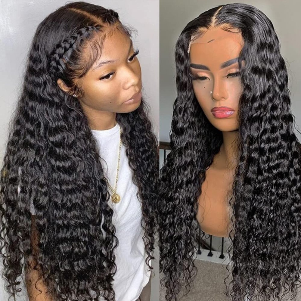 Pizazz 220% Density Deep Wave Human Hair Wigs for Black Women 13x4 Glueless HD Transparent Lace Front Wigs Human Hair With Baby Hair Natural Color(20 Inch)