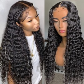 Pizazz 220% Density Deep Wave Human Hair Wigs for Black Women 13x4 Glueless HD Transparent Lace Front Wigs Human Hair With Baby Hair Natural Color(20 Inch)