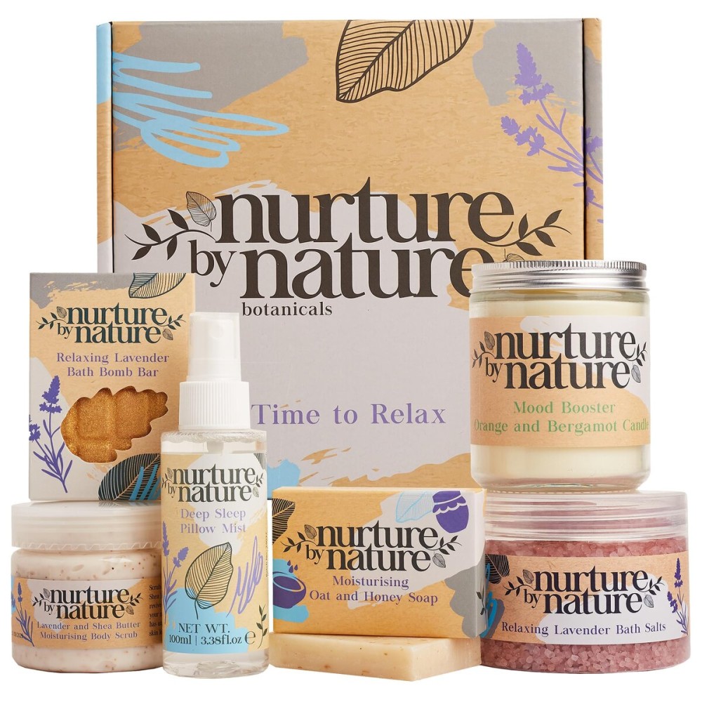 NURTURE BY NATURE Relax & Calm Christmas Gift Basket - Spa Gifts for Women with Bath Bomb, Hand Cream, Lavender Pillow Mist & Scented Candle - Stocking Stuffers, Holiday Gifts, Gifts for Mom