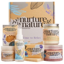 NURTURE BY NATURE Relax & Calm Christmas Gift Basket - Spa Gifts for Women with Bath Bomb, Hand Cream, Lavender Pillow Mist & Scented Candle - Stocking Stuffers, Holiday Gifts, Gifts for Mom