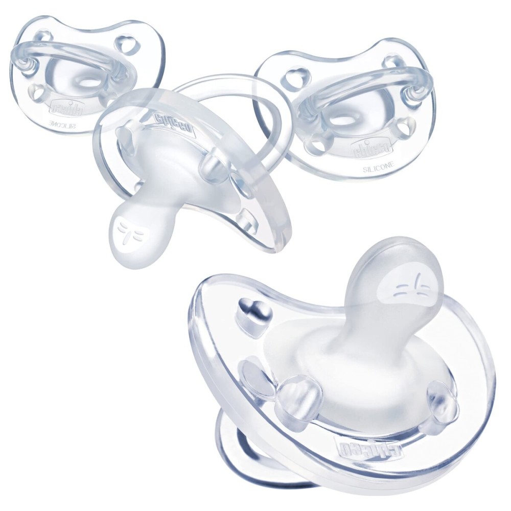 Chicco PhysioForma Silicone Orthondontic Pacifier, 0-6m | 100% Soft Silicone | Supports Breathing & Oral Development | Satin-Textured Nipple | Includes Sterilizing Case | BPA Free | Clear, 4pk