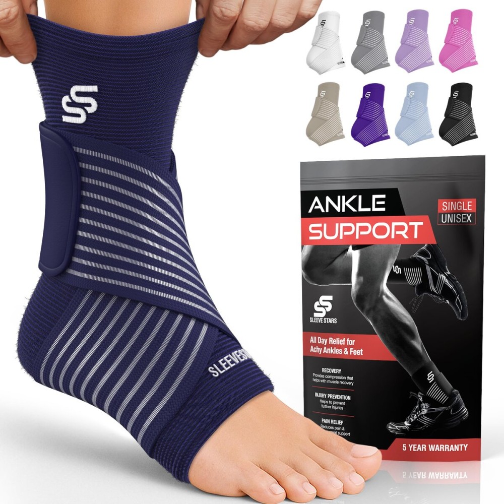 Sleeve Stars Ankle Support for Ligament Damage & Sprained Ankle, Plantar Fasciitis Support & Achilles Tendonitis Pain Relief, Ankle Brace for Women & Men w/Compression Ankle Strap (Single/Navy Blue)