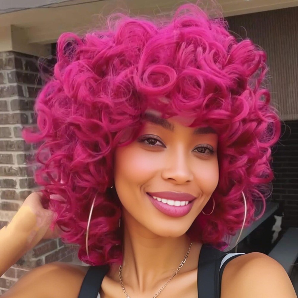 andromeda Hot Pink Wigs for Black Women Soft Short Curly Wig with Bangs Heat Resistant Synthetic Fiber Hair Wigs for African American Black WomenHot Pink