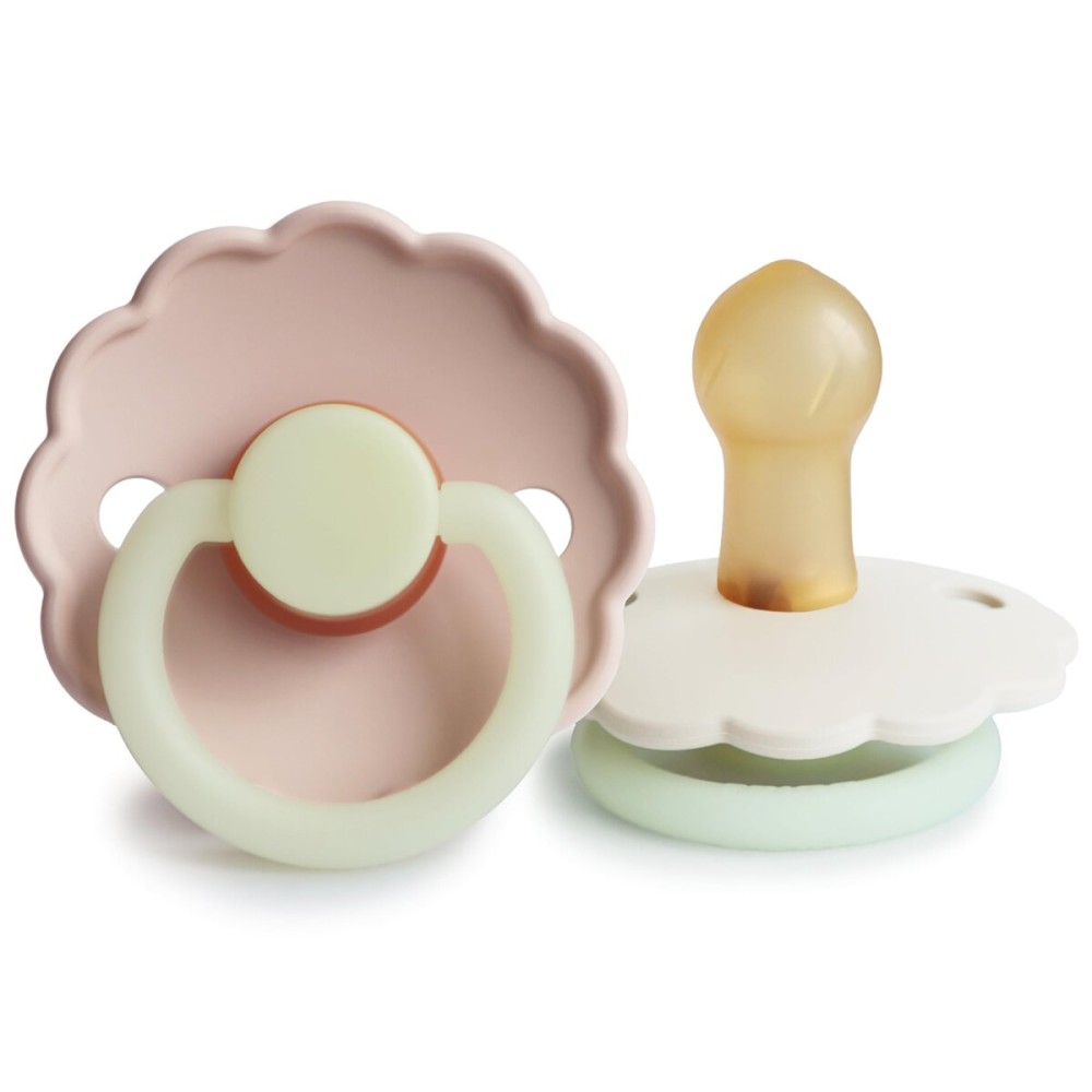 FRIGG Daisy Night Natural Rubber Baby Pacifier | Made in Denmark | BPA-Free (Blush/Cream, 0-6 Months) 2-Pack