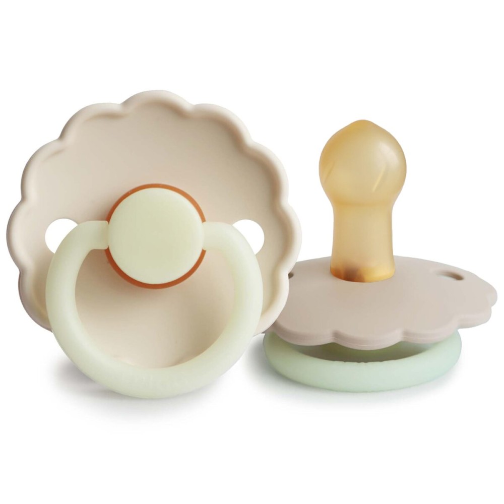 FRIGG Daisy Night Natural Rubber Baby Pacifier | Made in Denmark | BPA-Free (Croissant/Cream, 0-6 Months) 2-Pack