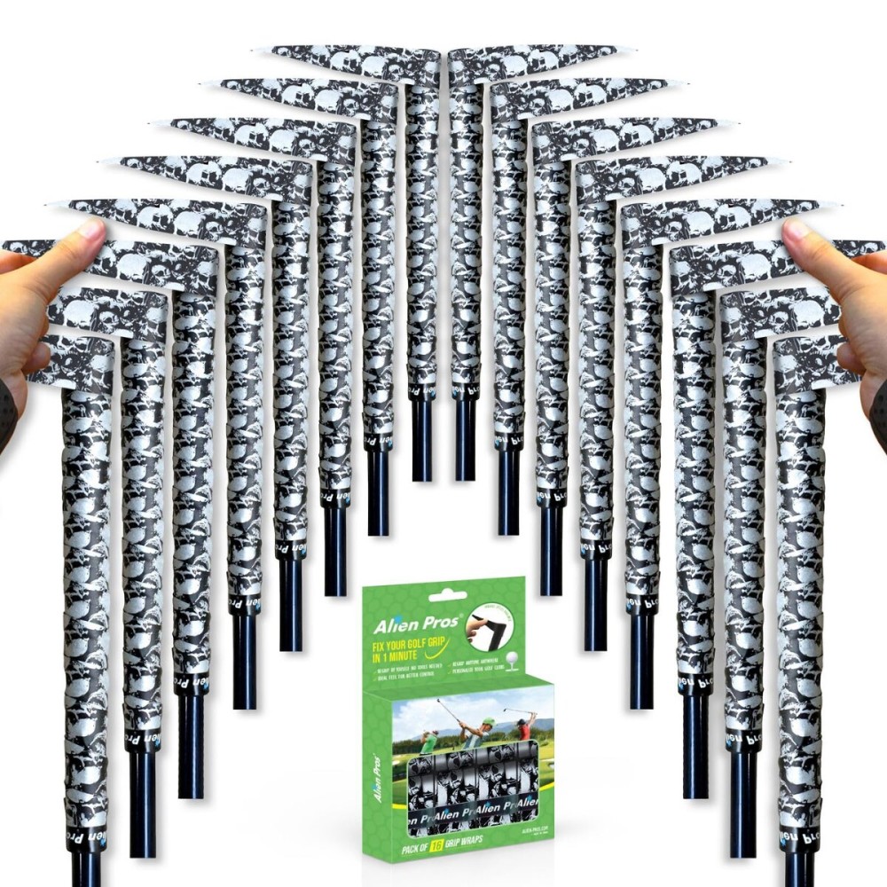 Alien Pros Golf Grip Wrapping Tapes (16-Pack) - Innovative Golf Club Grip Solution - Enjoy a Fresh New Grip Feel in Less Than 1 Minute (16-Pack, Skull Black)