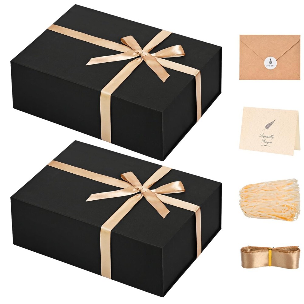 LIFELUM Magnetic Gift Boxes 2 Pack 13.5 x 10 x 4 Elegant Graduation Gift Boxes for Presents Groomsmen Box with Ribbon, Card, Shredded Paper Filler