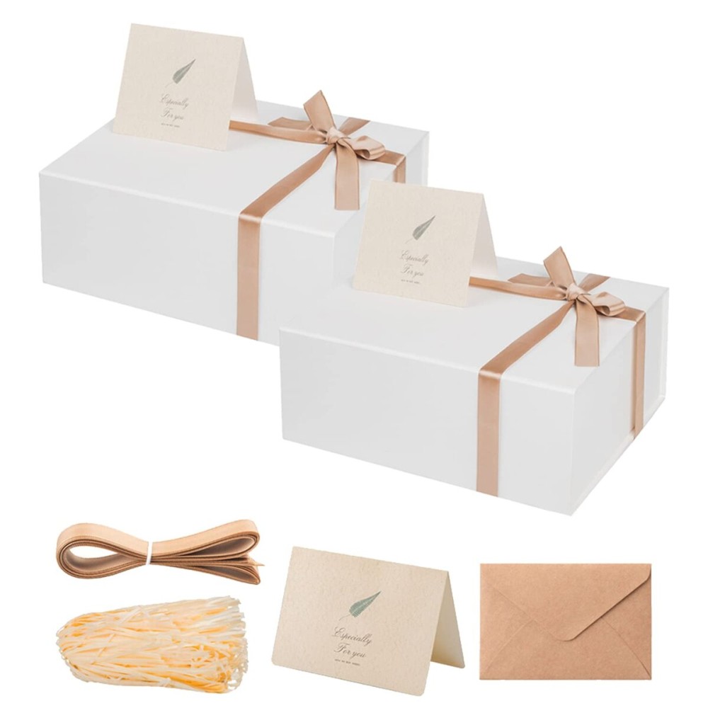 LIFELUM White Gift Boxes 2 Pack 13.85 x 8.35 x 4.45 Large Gift Boxes with Magnetic Lid Wedding Box for Presents Contains Card, Ribbon, Shredded Paper Filler Box for Gift