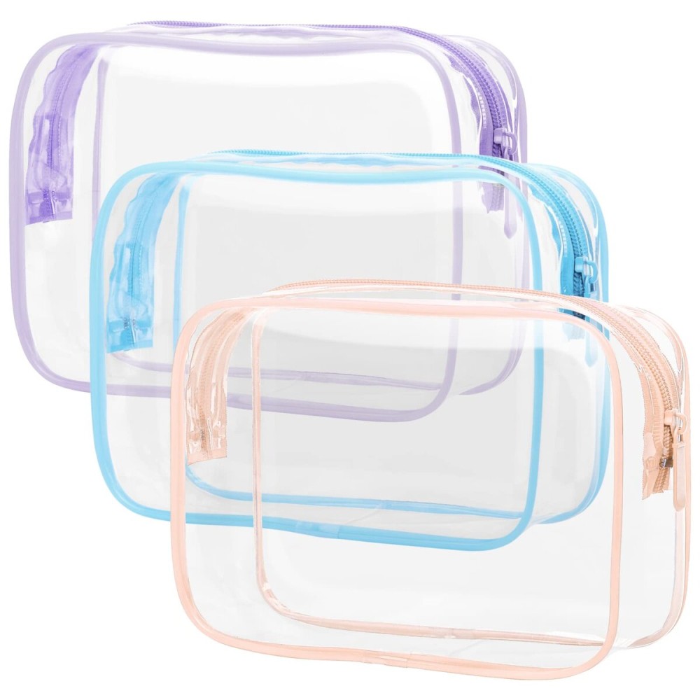 PACKISM Clear Toiletry Bag 3 Medium - TSA Approved Toiletry Bag Quart Size Bag, Travel Makeup Cosmetic Bag for Women, Carry on Airport Airline Compliant Bag, Blue-Purple-Pink