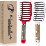 Detangling Brush Boar Bristles Set KTKUDY Hair Brush Curved and Vented Detangler Brush for Women Men Kids Wet and Dry Hair (Red&White)