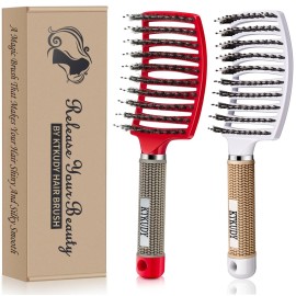 Detangling Brush Boar Bristles Set KTKUDY Hair Brush Curved and Vented Detangler Brush for Women Men Kids Wet and Dry Hair (Red&White)