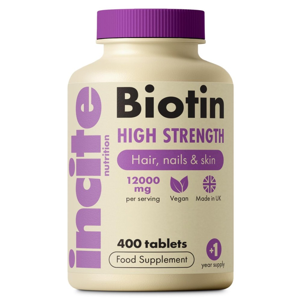 Incite Nutrition Biotin Supplement 12000mcg - +1 Year Supply - High Strength 400 Easy Swallow Tablets - Biotin Hair Growth Vitamins for Hair, Skin & Nails - Natural Vegan & GMO-Free - Made in UK