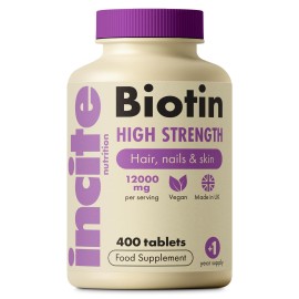 Incite Nutrition Biotin Supplement 12000mcg - +1 Year Supply - High Strength 400 Easy Swallow Tablets - Biotin Hair Growth Vitamins for Hair, Skin & Nails - Natural Vegan & GMO-Free - Made in UK