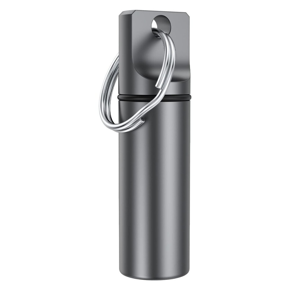 Small Pocket Pill Box Keychain, Aluminium Alloy Portable Mini Pill Organizer Case Container for Purse, Waterproof Metal Pill Holder Medicine Bottle for Outdoor Camping Travel (Grey)