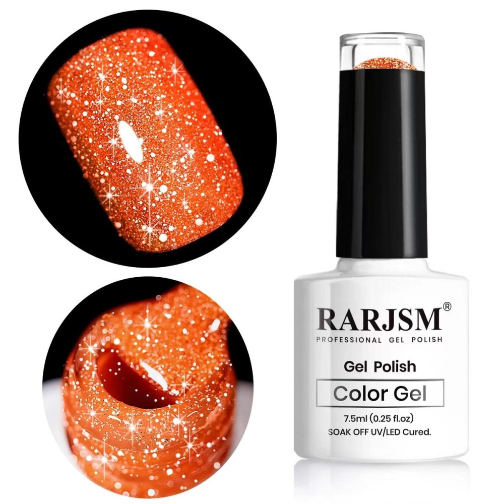RARJSM Orange Gel Nail Polish, 1Pcs 7.5ml Orange Color Reflective Gel Polish Soak Off Gel Polish Neons Spring Summer Color Diamond Shimmer Gel Nail Art Manicure Salon DIY at Home