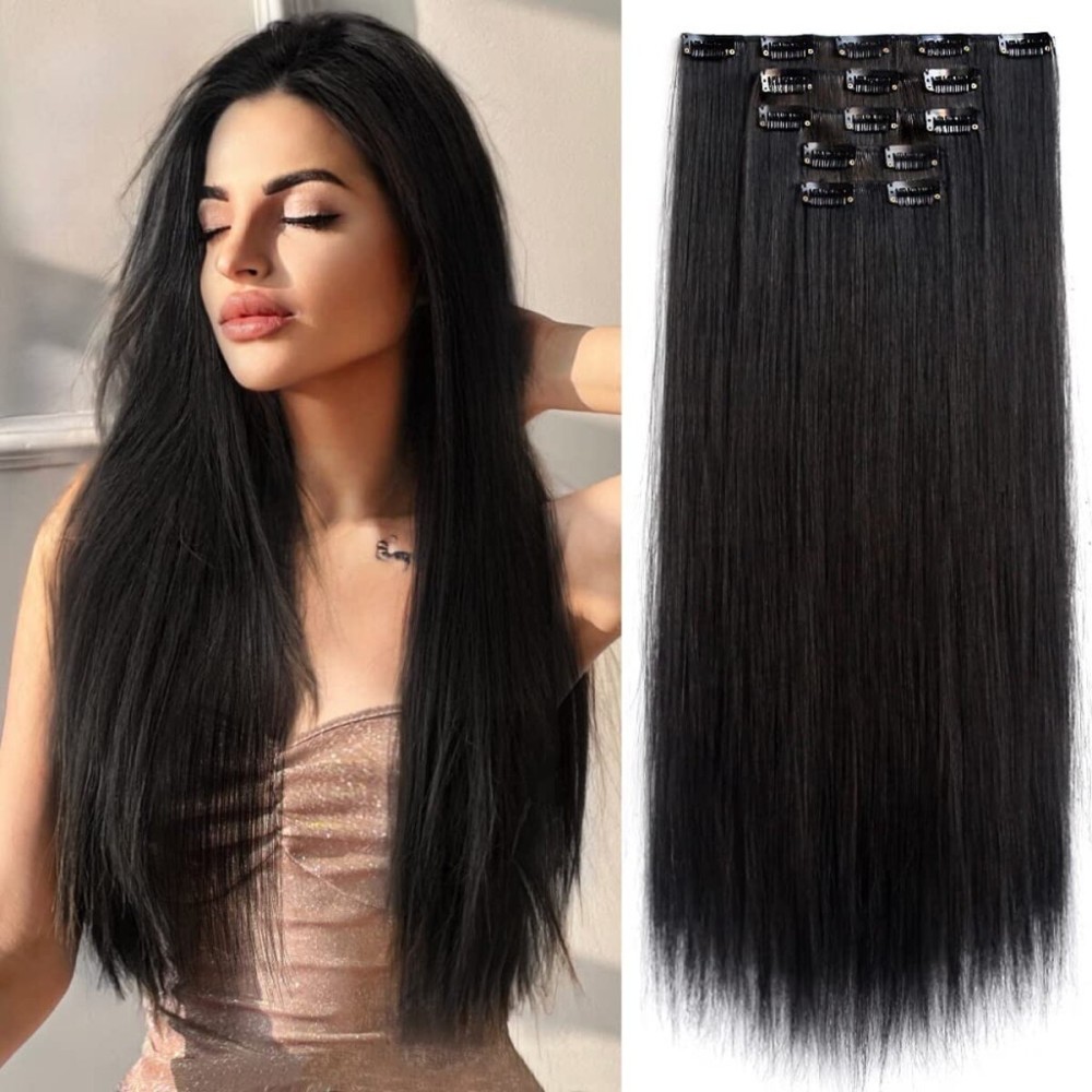 StrRid Natural Black Clip in Extensions Straight 22 Long Synthetic Thick Clips on Hair Piece for Women 5PCS Black Curly Wavy 18 Cheap Brown Red White Soft Full Head Weddings Party Daily Use 5 Oz