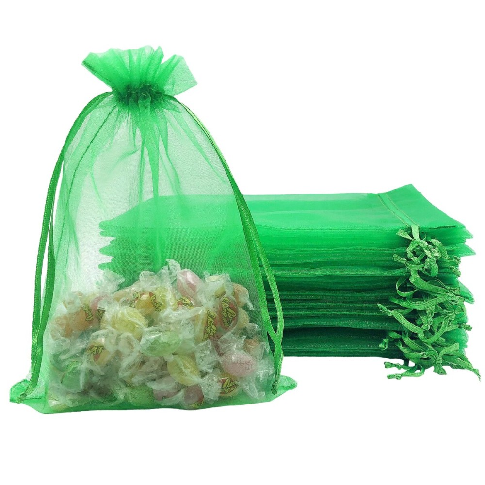 Jexila 100PCS Sheer Green Organza Gift Bag 5\'\'X7\'\' Mesh Bags Drawstring St.Patrick\'s Day Goodie Candy Treat Bag St.Patricks Party Favor