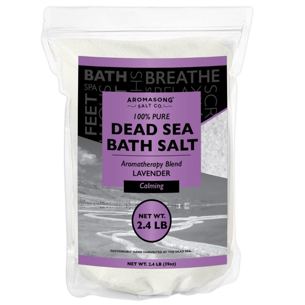 Aromasong Pure Dead Sea Salt for Soaking with 100% Natural Lavender, 2.43 LB - Spa Bath Salt Fine Grain - Body Wash Scrub - Soak for Women & Men- Bulk Resealable Pack