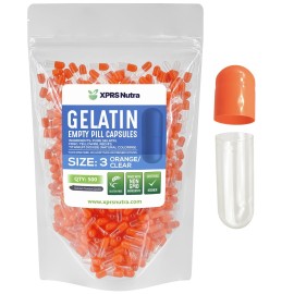 XPRS Nutra Size 3 Empty Capsules - 500 Count Empty Gelatin Capsules - Pills DIY Capsule Filling - Pure Bovine Pill Gel Caps Fillable Do-It-Yourself Vitamins and Supplements (Orange/Clear)