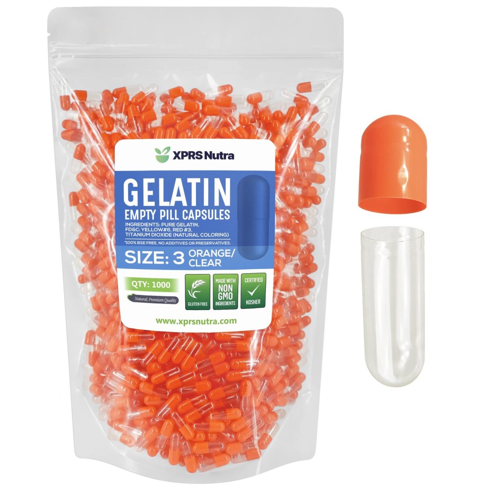 XPRS Nutra Size 3 Empty Capsules - 1000 Count Empty Gelatin Capsules - Pills DIY Capsule Filling - Pure Bovine Pill Gel Caps Fillable for Do-It-Yourself Vitamins and Supplements (Orange/Clear)