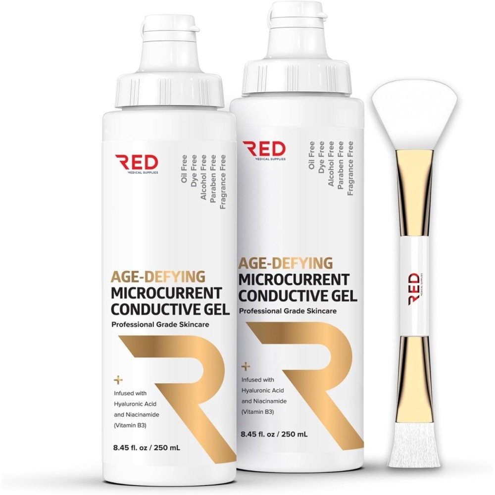 Age-Defying Microcurrent Conductive Gel with Hyaluronic Acid & Niacinamide (Vitamine B3), 8.45 fl oz - Long-Lasting, Non-Greasy, Hypoallergenic - 2 Bottles + Applicator, 8.45 fl oz / 250mL