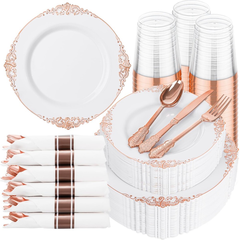 Hioasis 350pcs Rose Gold Plastic Plates - Elegant Disposable Dinnerware Set Suitable for 50 Guests Include 10.25 Dinner & 7.5 Dessert Plates, Pre Rolled Silverware Set, Cups for Party & Thanksgiving