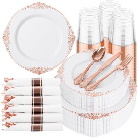 Hioasis 350pcs Rose Gold Plastic Plates - Elegant Disposable Dinnerware Set Suitable for 50 Guests Include 10.25 Dinner & 7.5 Dessert Plates, Pre Rolled Silverware Set, Cups for Party & Thanksgiving