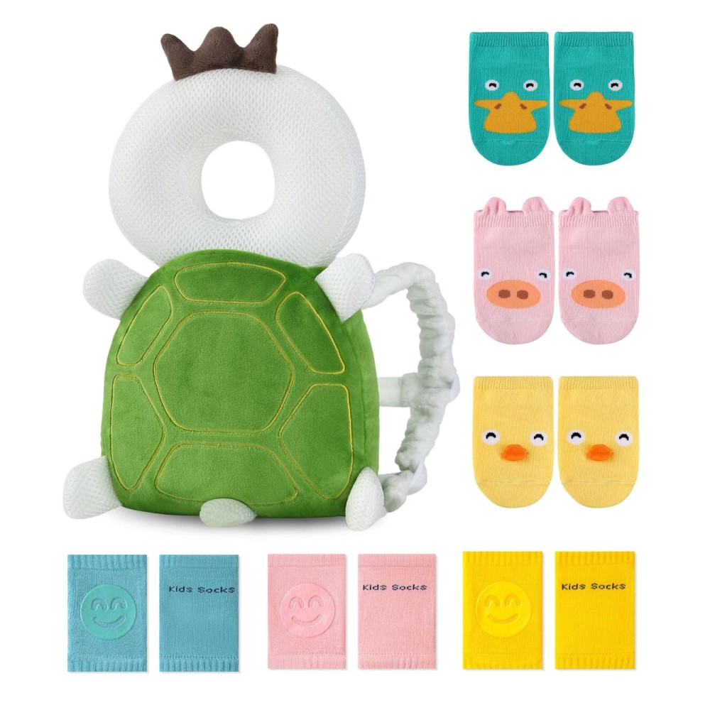 JunNeng Toddler Baby Head Protector Backpack for Toddler Walker with Knee Pads&Anti-Slip Socks, Turtle