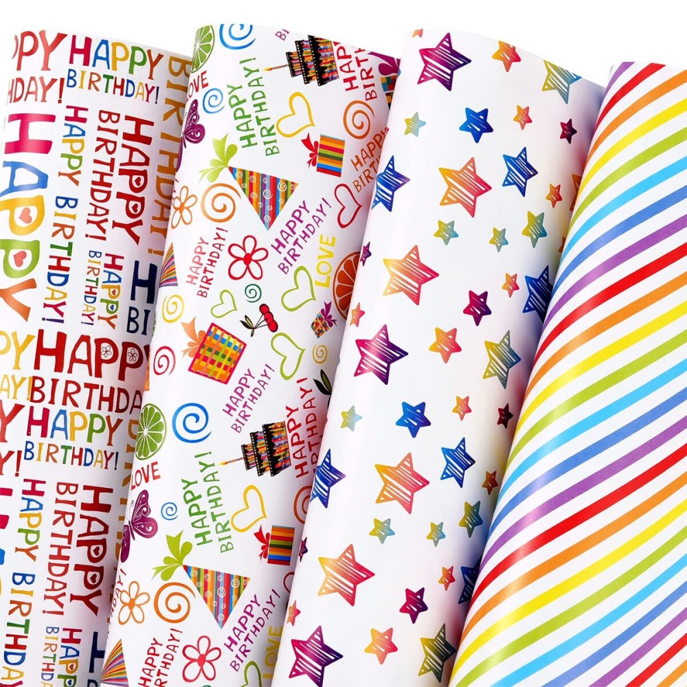 PlandRichW Birthday Wrapping Paper 12 Sheets Folded Flat for Kids, Boys, Girls, Adults.Includes Happy Birthday, Star, Rainbow, Cake 4 Colorful Designs for Baby Shower, Holiday, Party 20 X 29 Inch