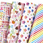 PlandRichW Birthday Wrapping Paper 12 Sheets Folded Flat for Kids, Boys, Girls, Adults.Includes Happy Birthday, Star, Rainbow, Cake 4 Colorful Designs for Baby Shower, Holiday, Party 20 X 29 Inch