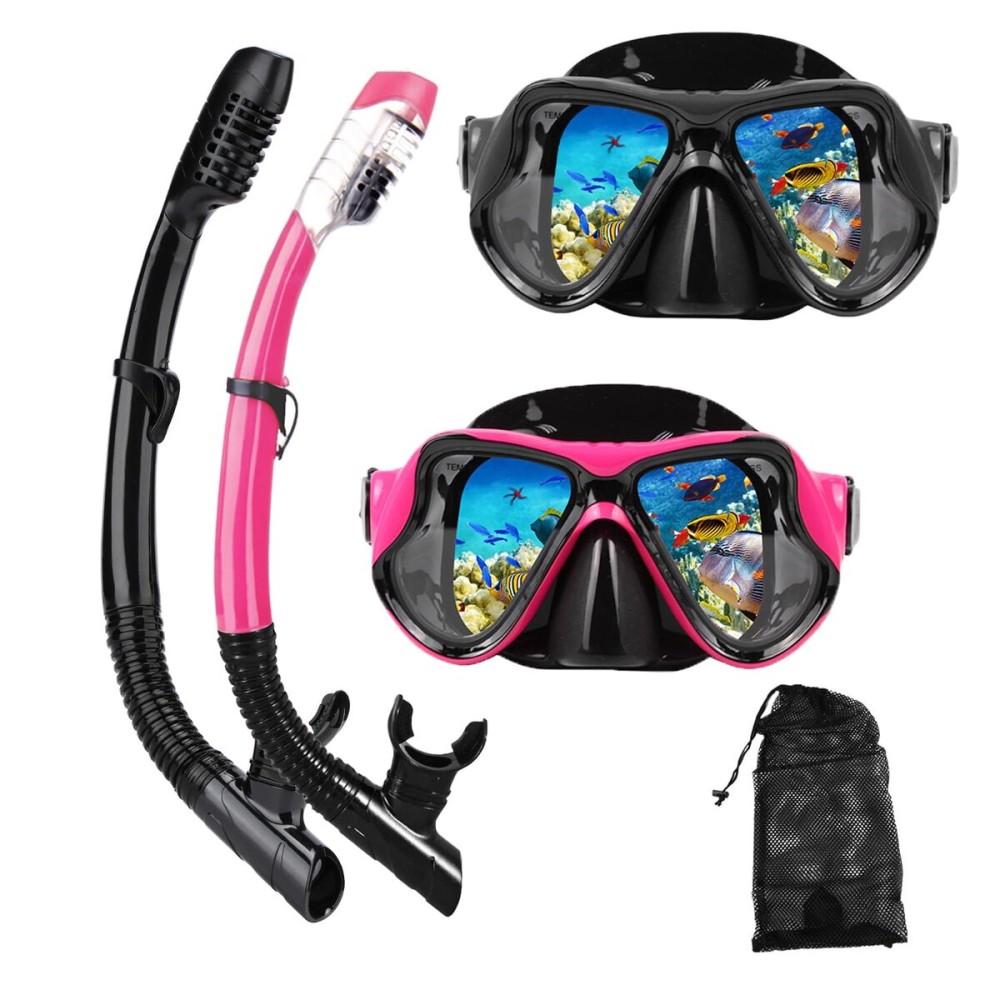 DIPUKI Snorkeling Gear for Adults Snorkel mask Set Scuba Diving mask Dry Snorkel Swimming Glasses Swim Dive mask Nose Cover Youth Diving (Black+Pink2 Pack)