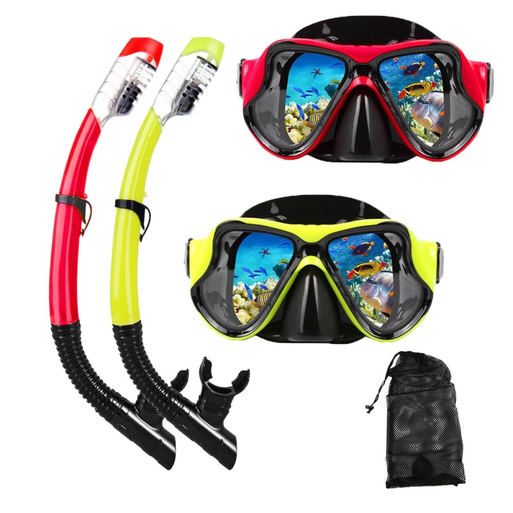 DIPUKI Snorkeling Gear for Adults Snorkel mask Set Scuba Diving mask Dry Snorkel Swimming Glasses Swim Dive mask Nose Cover Youth Diving (Red+Yellow2 Pack)