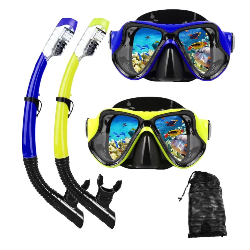 DIPUKI Snorkeling Gear for Adults Snorkel mask Set Scuba Diving mask Dry Snorkel Swimming Glasses Swim Dive mask Nose Cover Youth Diving (Blue+Yellow2 Pack)