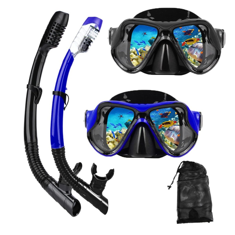 DIPUKI Snorkeling Gear for Adults Snorkel mask Set Scuba Diving mask Dry Snorkel Swimming Glasses Swim Dive mask Nose Cover Youth Diving (Black+Blue2 Pack)