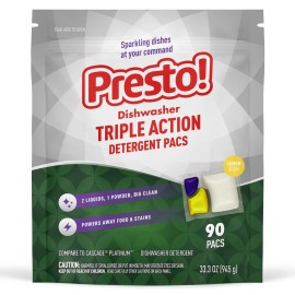 Amazon Brand - Presto! Triple Action Dishwasher Pacs, Lemon Scent, 90 Count