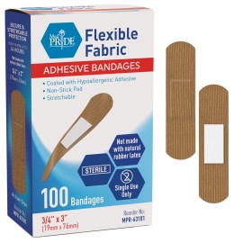 MED PRIDE Hypoallergenic Fabric Adhesive Bandages for Sensitive Skin, Latex & Rubber Free, Nonstick Pad, Sterile, Individually Wrapped (3/4\'\' x 3\'\' - 100 Count)