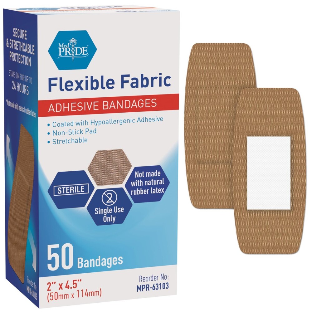 MED PRIDE Sterile Hypoallergenic Fabric Adhesive Bandages, Latex Free, Individually Wrapped, Flexible and Breathable (2 x 4.5\'\' - 50 Count)