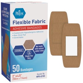 MED PRIDE Sterile Hypoallergenic Fabric Adhesive Bandages, Latex Free, Individually Wrapped, Flexible and Breathable (2 x 4.5\'\' - 50 Count)