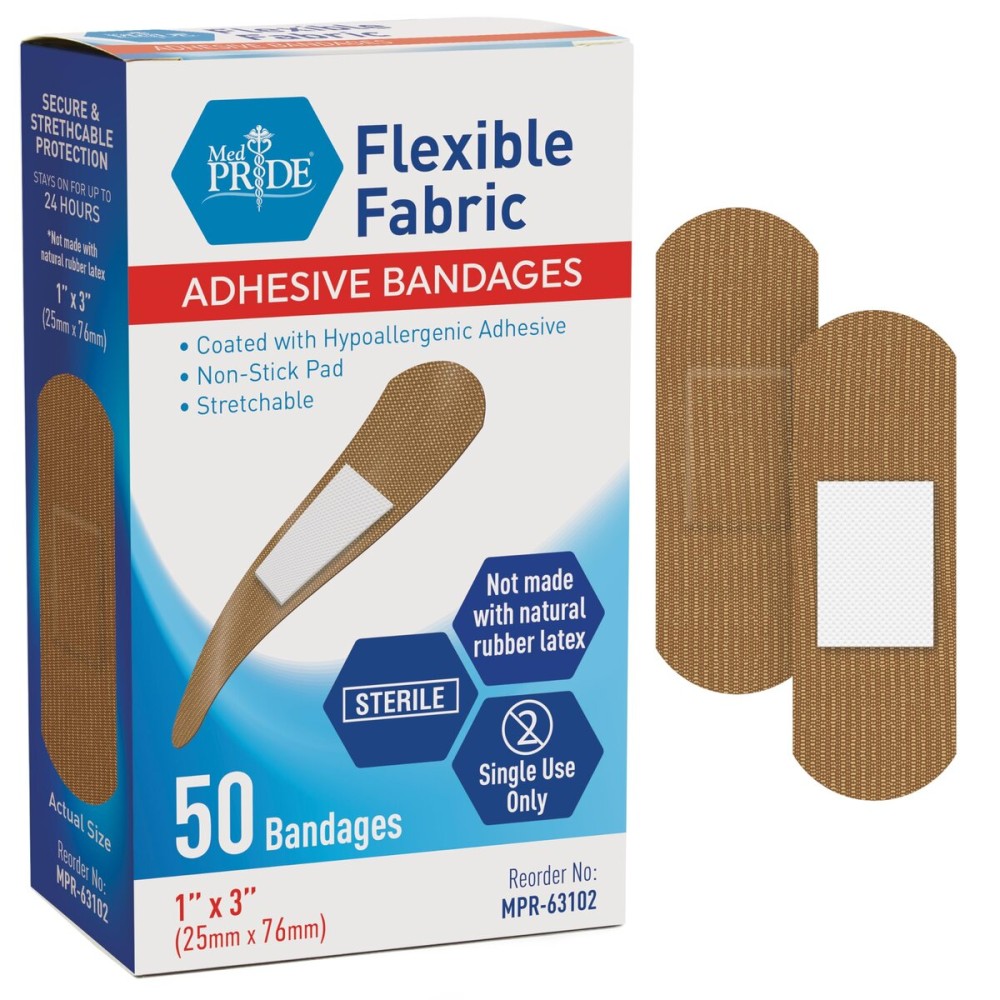 MED PRIDE Hypoallergenic Latex Free Fabric Adhesive Bandages, Nonstick Pad, Sterile, Individually Wrapped (1\'\' x 3\'\' - 100 Count)