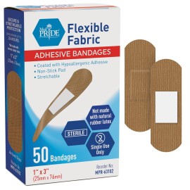 MED PRIDE Hypoallergenic Latex Free Fabric Adhesive Bandages, Nonstick Pad, Sterile, Individually Wrapped (1\'\' x 3\'\' - 100 Count)