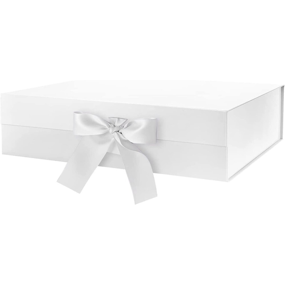 BLK&WH Extra Large Gift Box with Ribbon - 16.3x14.2x5 Inches, White Bridesmaid Proposal Box for Large Gifts